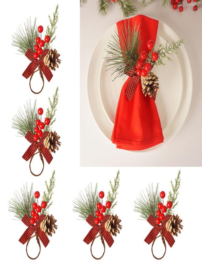 Utalek Christmas Napkin Rings Set of 6 Pine Cone Napkin Rings with Berries Xmas Serviette Buckle Holder for Christmas Holiday Dinner Party Banquet Table Decoration - Image 1
