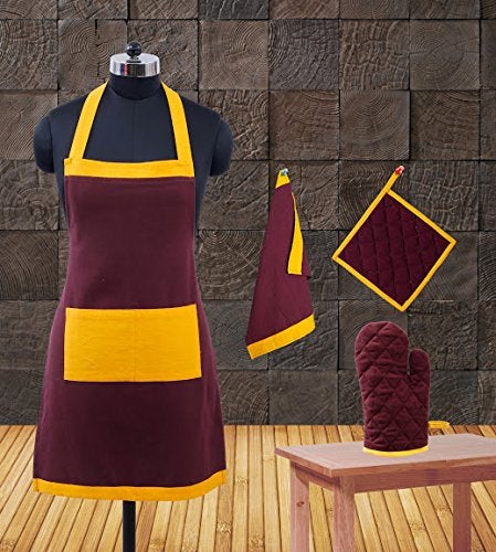 Dekor World Premium Cotton Colour Bonanza Kitchen Apron Set (Pack of 4 Pcs) Apron, Gloves, Pot Holder, Kitchen Towel for Unisex - Image 4