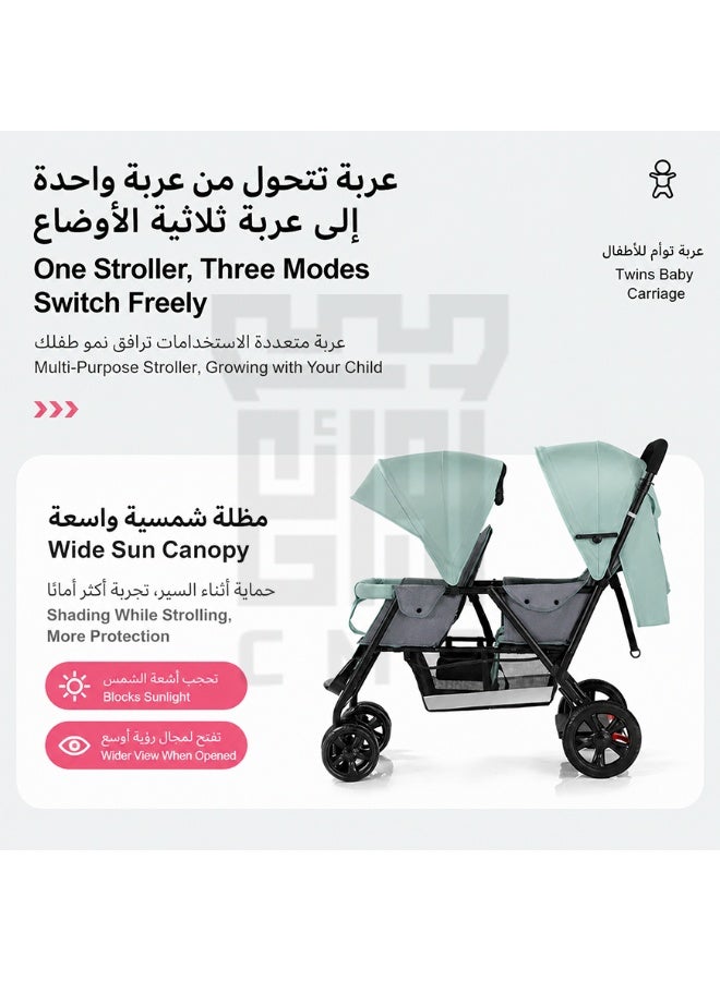CME Lightweight Twin Sleeping Stroller with Adjustable Canopy and Bassinet - Green - Image 4