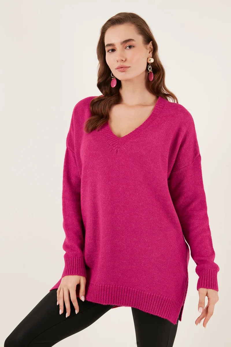 Lela Regular Fit V-Neck Long Knitwear Sweater with Slits on the Sides Women's SWEATER 4616140