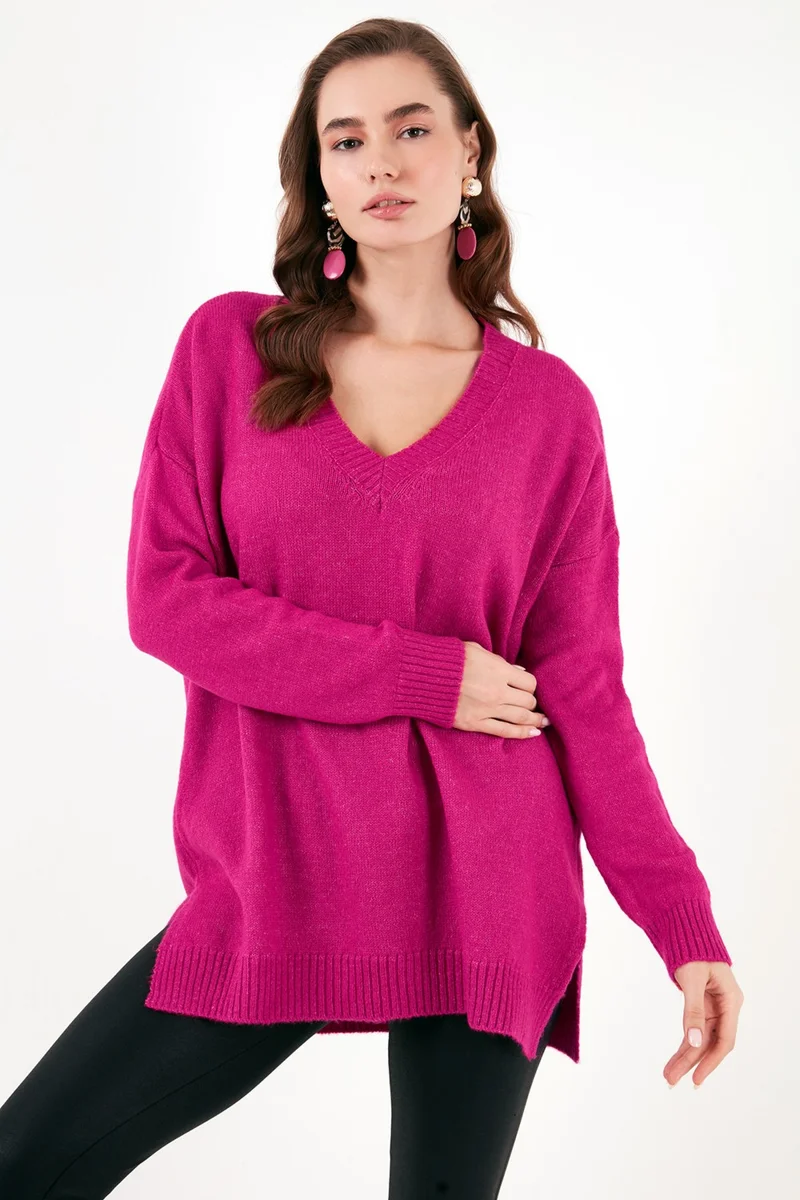 Lela Regular Fit V-Neck Long Knitwear Sweater with Slits on the Sides Women's SWEATER 4616140