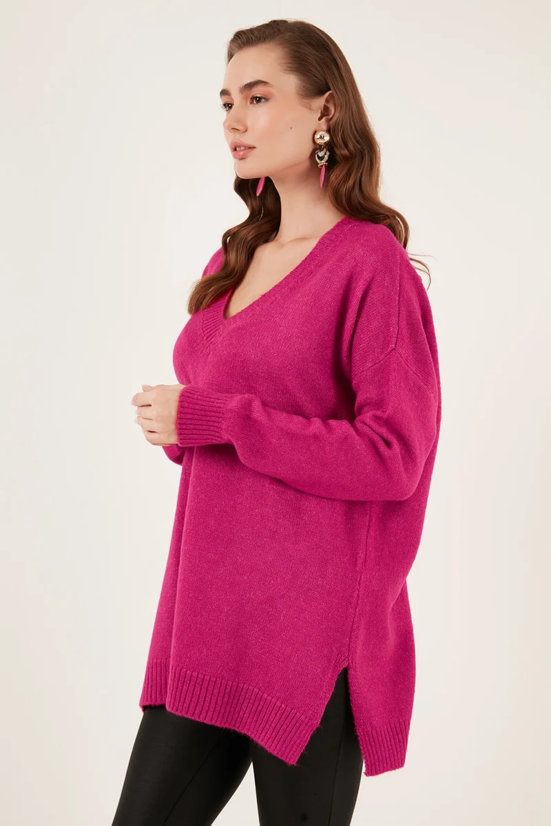 Lela Regular Fit V-Neck Long Knitwear Sweater with Slits on the Sides Women's SWEATER 4616140
