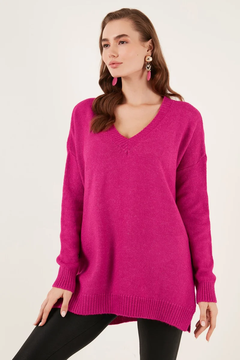 Lela Regular Fit V-Neck Long Knitwear Sweater with Slits on the Sides Women's SWEATER 4616140