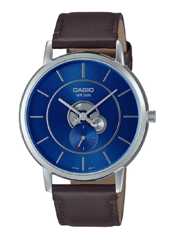 كاسيو ساعة كاسيو للرجال - انالوج بمينا داخلي ومينا زرقاء وبسوار جلدي MTP-B130L-2AVDF. - Image 1