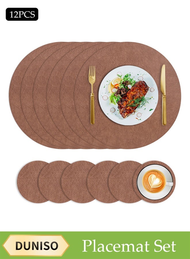 DUNISO 12 قطعة من حصائر المائدة وأكواب الحماية من الجلد PVC، مجموعة أدوات المائدة، حصائر مائدة دائرية مقاومة للحرارة وغير قابلة للانزلاق، تشمل 6 حصائر مائدة، 6 أكواب حماية، قابلة للغسل، مقاومة للزيت، مناسبة للمنزل والمطعم، قابلة للغسل (بني داكن) - Image 1