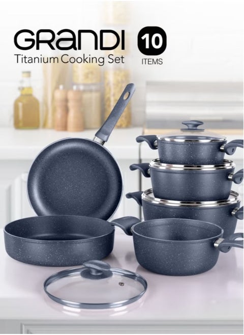 Granite Coated Pots And Pans Cookware Set With Non-Stick Surfaces, Bakelite Handles,   Pyrex Lids , PFOA Free, Titanium 10-Piece Set - gray