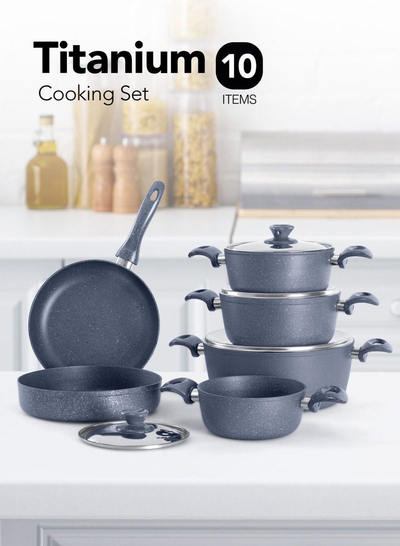 جراندي طقم قدور ومقالي مطلية بالجرانيت بأسطح مانعة للالتصاق ومقابض باكاليت  وأغطية من الستانلس ستيل المقوى وخالية من حمض بيرفلورو الأوكتانويك مكون من 10 قطع تيتانيوم - لون رمادى - Image 1
