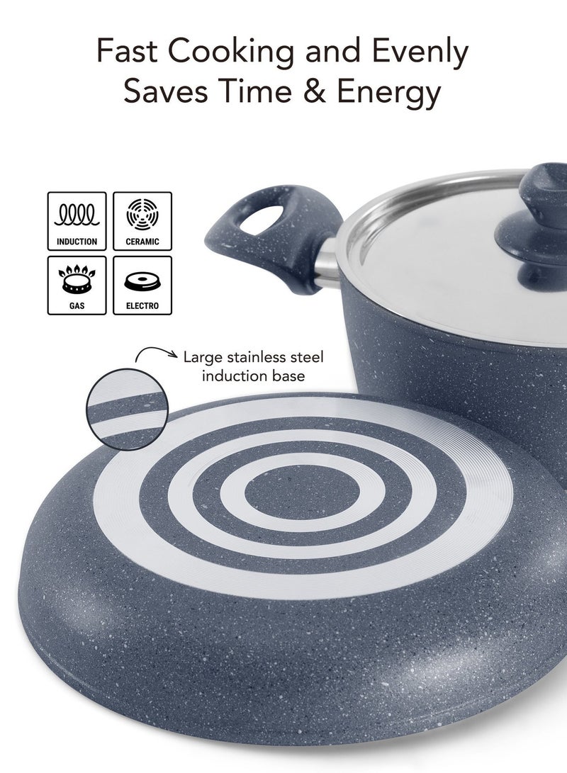 جراندي طقم قدور ومقالي مطلية بالجرانيت بأسطح مانعة للالتصاق ومقابض باكاليت  وأغطية من الستانلس ستيل المقوى وخالية من حمض بيرفلورو الأوكتانويك مكون من 10 قطع تيتانيوم - لون رمادى - Image 3