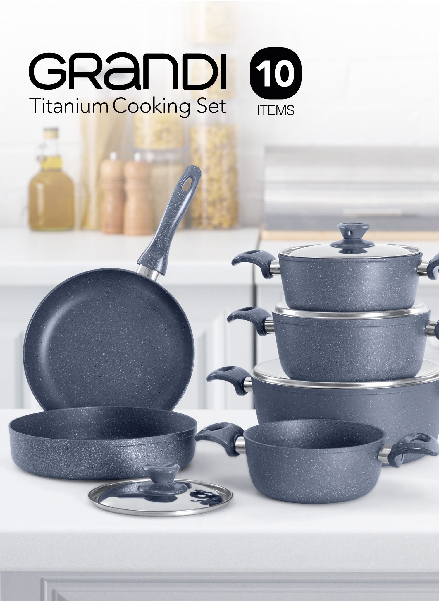 Granite Coated Pots And Pans Cookware Set With Non-Stick Surfaces, Bakelite Handles,  Stainless Steel Lids, PFOA Free, Titanium 10-Piece Set - gray 