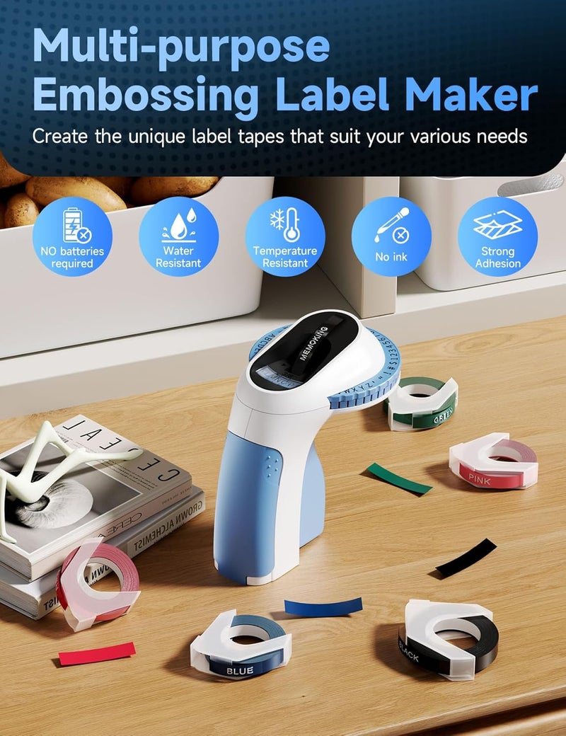 Memoking Embossing Label Maker with 6 Rolls of 3/8" (9mm) Emboss Tapes-E975 3D Embossed Label Maker Machine, Handheld Label Embossing Machine, Vintage Label Maker for Home, Office and DIY (Blue) - Image 3