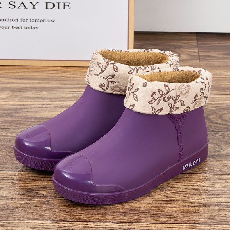 Fashion Ladies Slip-On Rain Boots Comfortable Non-Slip Purple [plus cotton sleeve]] 