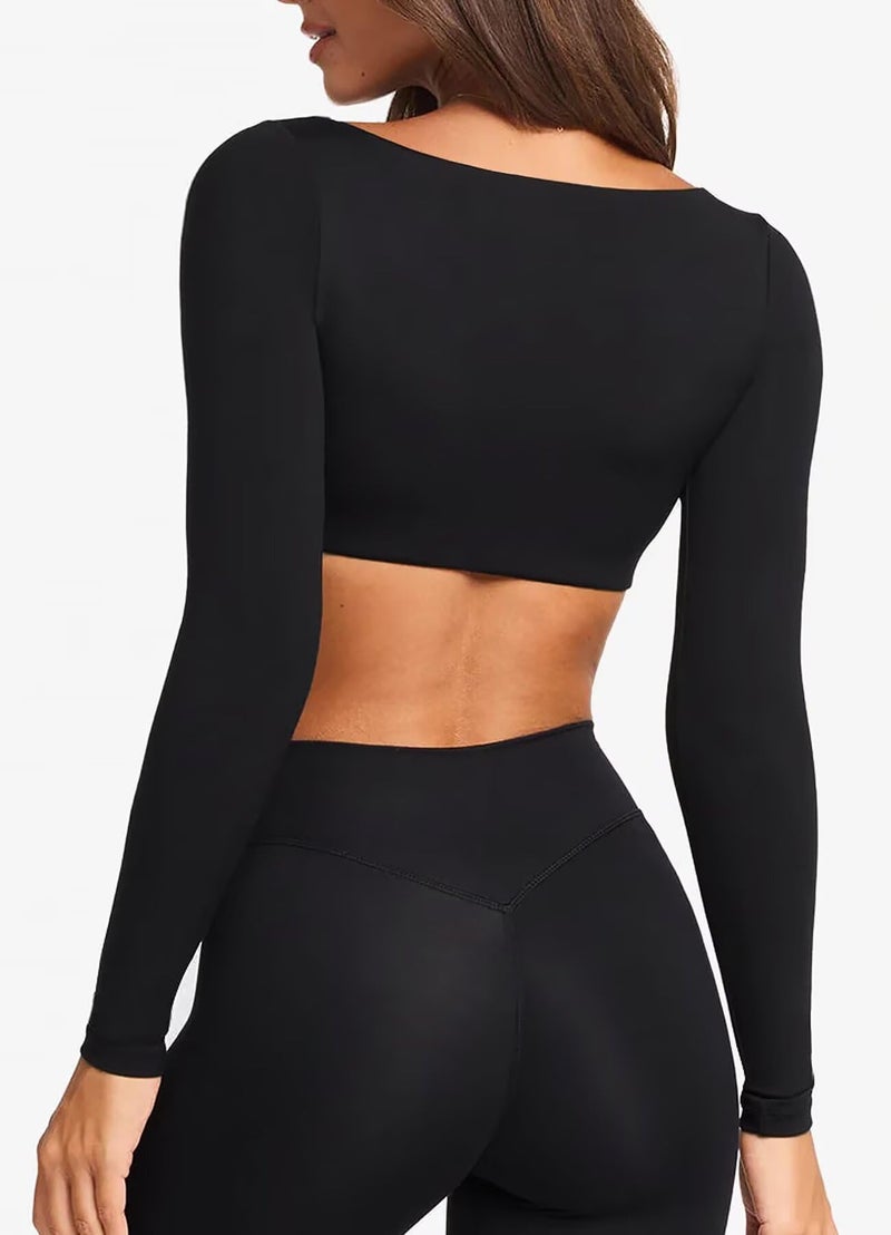 TZLDN Long Sleeve Workout Tops for Women Crop Tops with Built in Bra Padded Square Neck Yoga Athletic Gym Shirts Low Impact Black - Small - Image 2