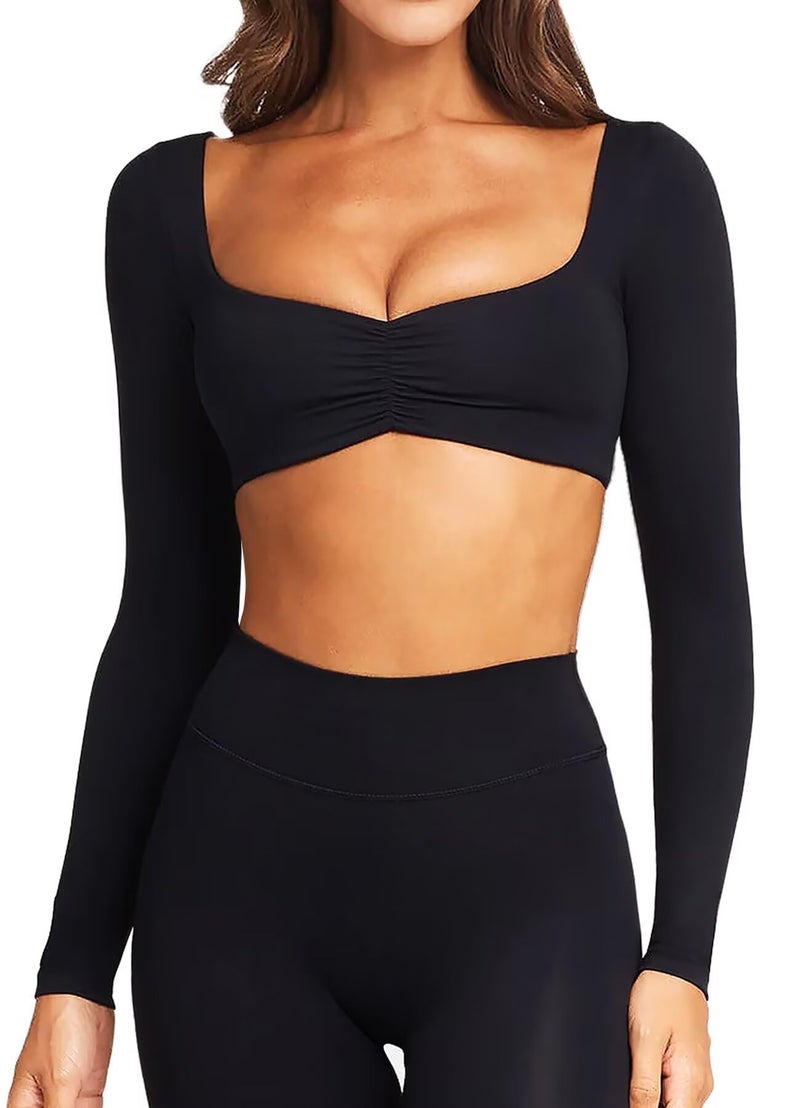 TZLDN Long Sleeve Workout Tops for Women Crop Tops with Built in Bra Padded Square Neck Yoga Athletic Gym Shirts Low Impact Black - Small - Image 1