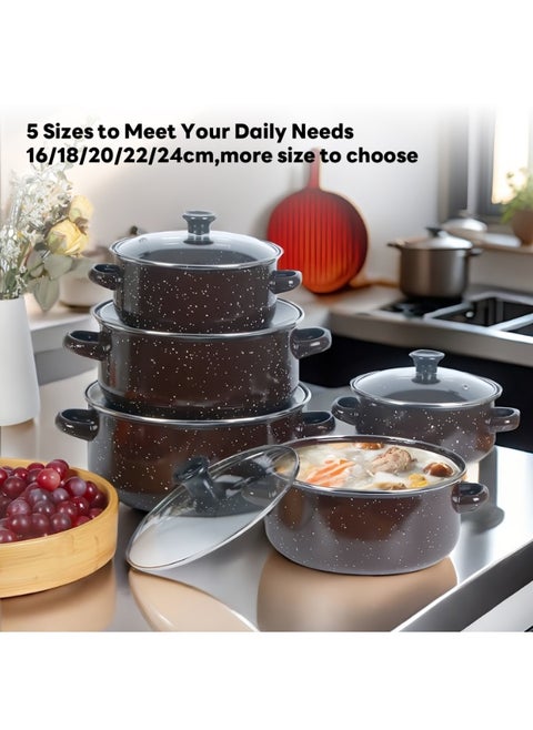 10-Piece Coated Cookware Set, Non-Stick Surface Pots and Pans Sets for Soup,  Enamel Pots Sets with Tempered Glass Lids 16/18/20/22/24cm (Brown)
