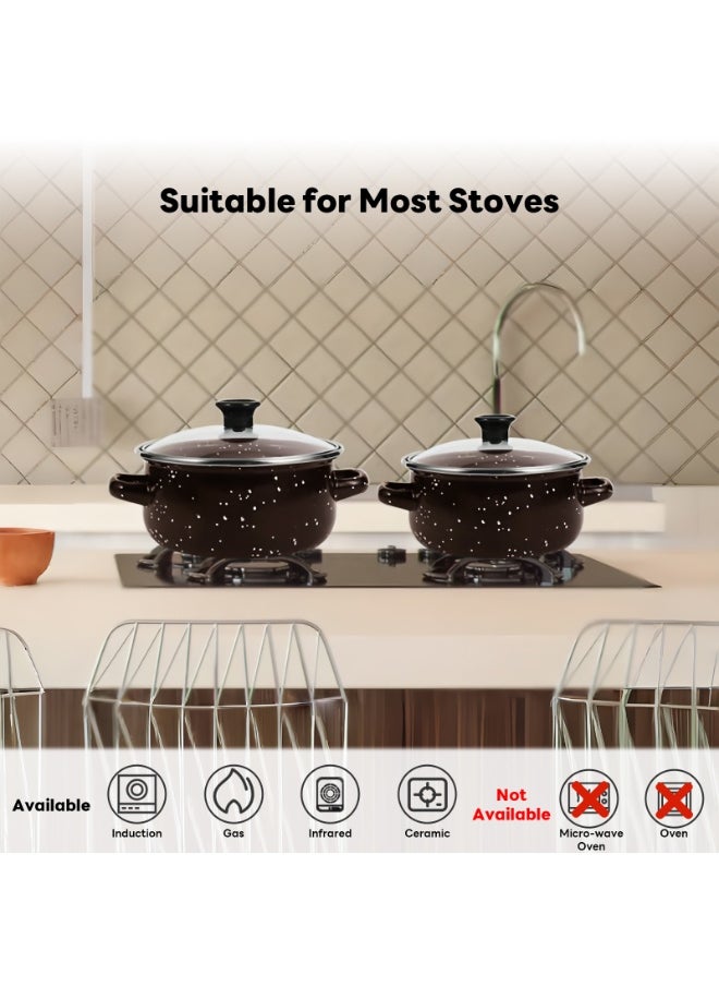 10-Piece Coated Cookware Set, Non-Stick Surface Pots and Pans Sets for Soup,  Enamel Pots Sets with Tempered Glass Lids 16/18/20/22/24cm (Brown)