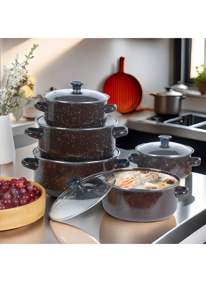 10-Piece Coated Cookware Set, Non-Stick Surface Pots and Pans Sets for Soup,  Enamel Pots Sets with Tempered Glass Lids 16/18/20/22/24cm (Brown)