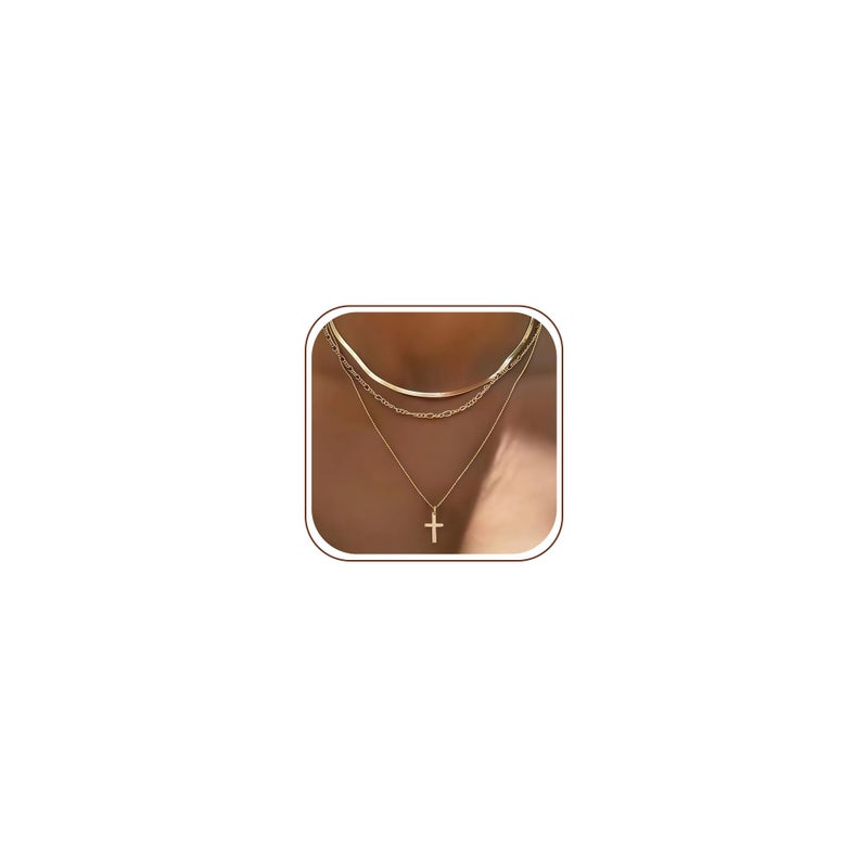 YEEZII Layered Gold Necklaces for Women Trendy, 3 Pcs 14K Gold Plated Choker Paperclip Box Chain Necklace, Stackable Women's Gold Pendant Necklaces Jewelry Set (Gold-3 pcs-Cross) - Image 1