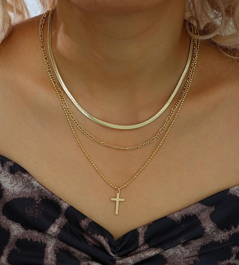 YEEZII Layered Gold Necklaces for Women Trendy, 3 Pcs 14K Gold Plated Choker Paperclip Box Chain Necklace, Stackable Women's Gold Pendant Necklaces Jewelry Set (Gold-3 pcs-Cross) - Image 5
