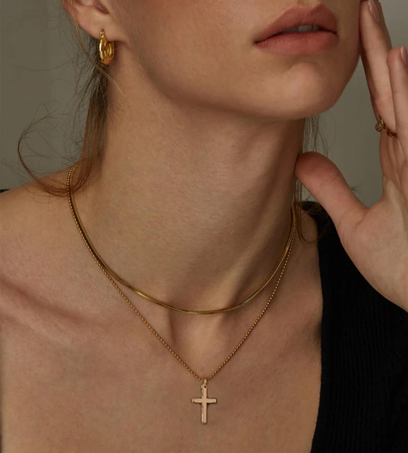 YEEZII Layered Gold Necklaces for Women Trendy, 3 Pcs 14K Gold Plated Choker Paperclip Box Chain Necklace, Stackable Women's Gold Pendant Necklaces Jewelry Set (Gold-3 pcs-Cross) - Image 2