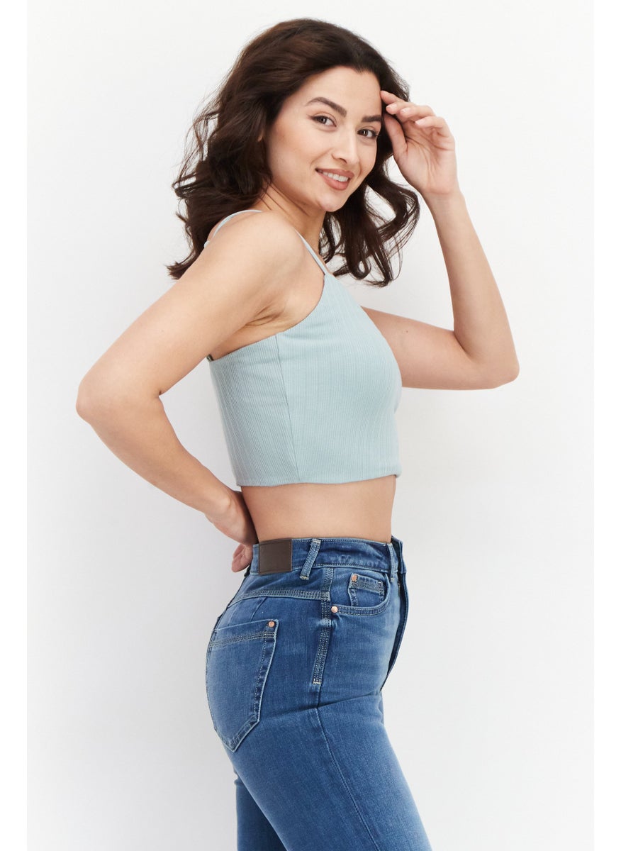 BB Dakota - Women V-Neck Sleeveless Plain Top, Steel Blue - Image 1