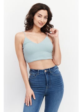 Women V-Neck Sleeveless Plain Top, Steel Blue