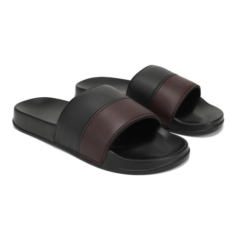 hummel CAMP MEN COLOUR BLOCK SLIDERS Comfortable Cushioned Sole Arch Support Durable Lightweight Flexible Trendy Style Flip flops and Slippers Slides for Men Daily use Chappal - UK 8 Black & Brown - Image 1