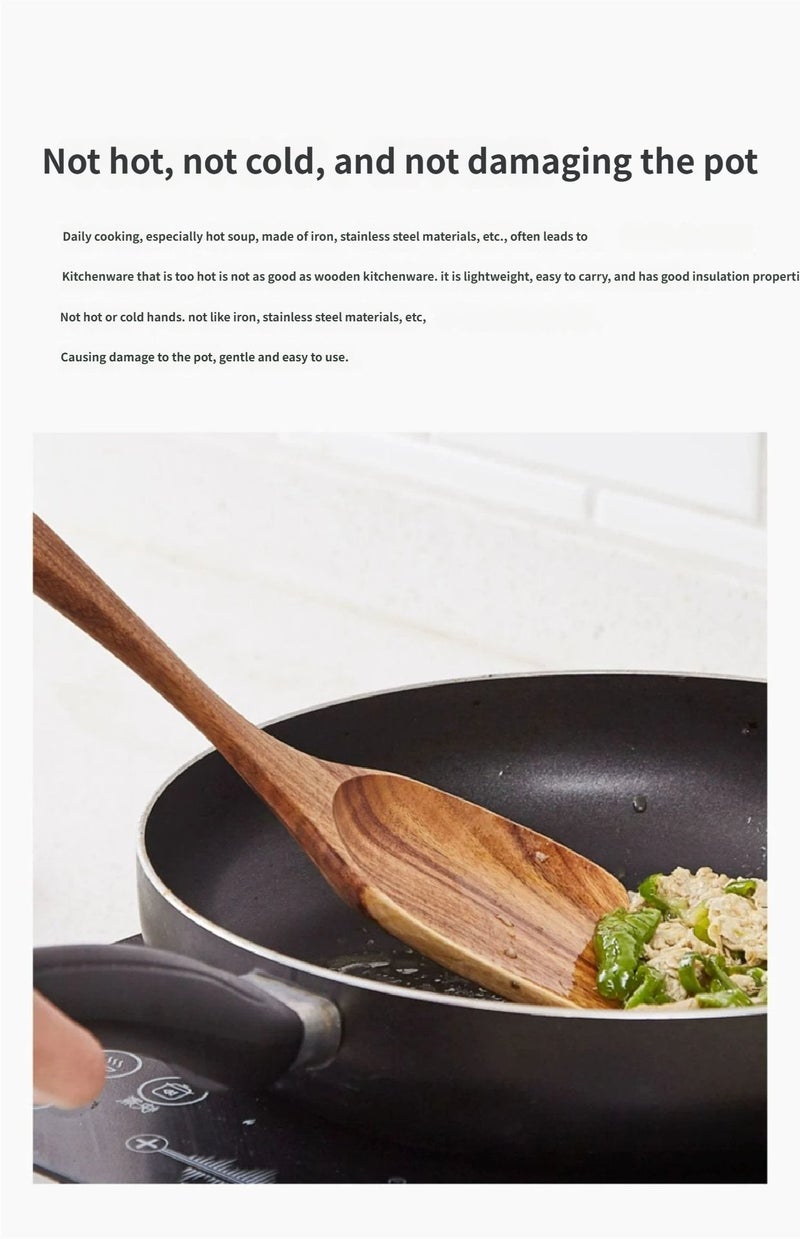 5+1 Piece Wooden Utensil Set for Cooking, Flat Spatula + Three-Line Spatula + Slotted Spoon + Seasoning Spoon + Large Spoon with Storage Bucket, Natural Wood Color - Image 4