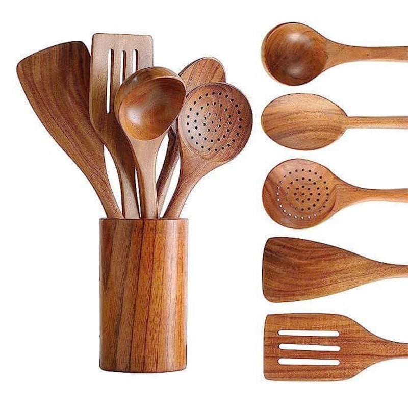 5+1 Piece Wooden Utensil Set for Cooking, Flat Spatula + Three-Line Spatula + Slotted Spoon + Seasoning Spoon + Large Spoon with Storage Bucket, Natural Wood Color - Image 1