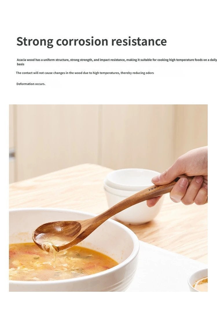 5+1 Piece Wooden Utensil Set for Cooking, Flat Spatula + Three-Line Spatula + Slotted Spoon + Seasoning Spoon + Large Spoon with Storage Bucket, Natural Wood Color - Image 2