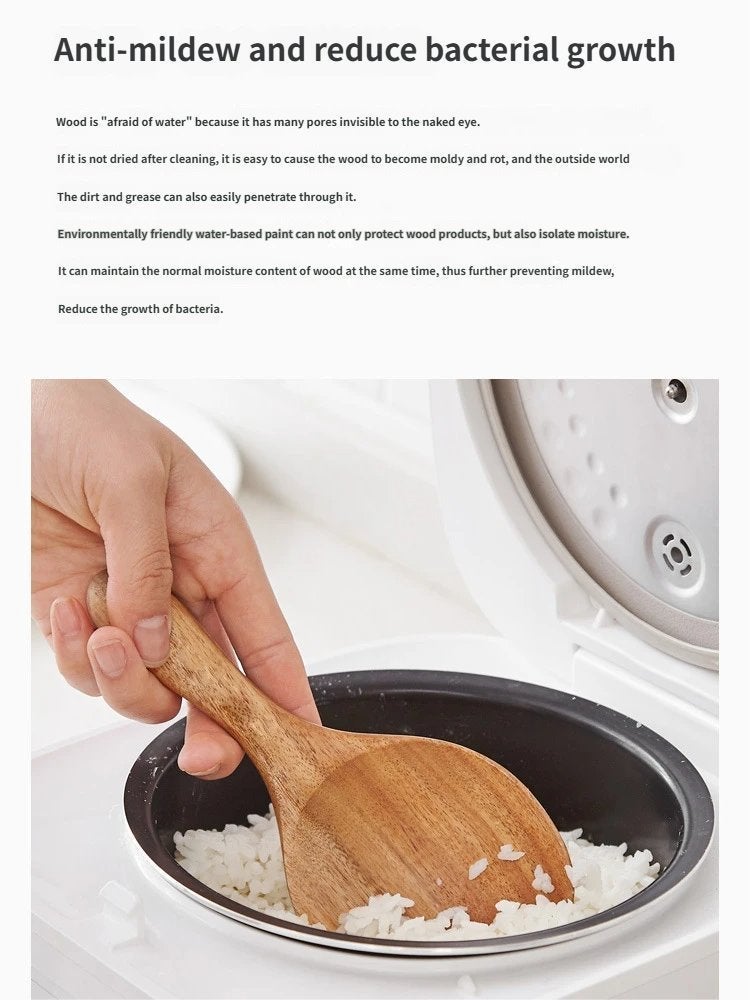 5+1 Piece Wooden Utensil Set for Cooking, Flat Spatula + Three-Line Spatula + Slotted Spoon + Seasoning Spoon + Large Spoon with Storage Bucket, Natural Wood Color - Image 3
