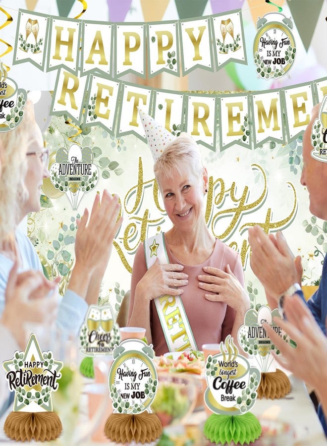 Marspark 36 Pcs Sage Green Retirement Party Decorations Greenery Retirement Banner, Honeycomb, Swirl Paper, Pompom and Retired Sash for Party Backdrop Home Office Centerpiece Supplies - Image 5