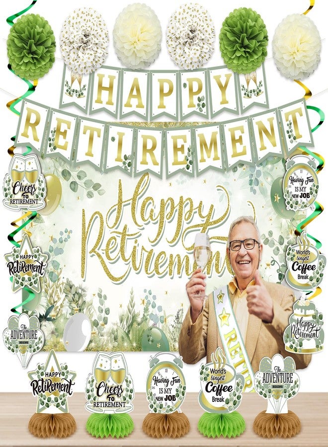 Marspark 36 Pcs Sage Green Retirement Party Decorations Greenery Retirement Banner, Honeycomb, Swirl Paper, Pompom and Retired Sash for Party Backdrop Home Office Centerpiece Supplies - Image 1