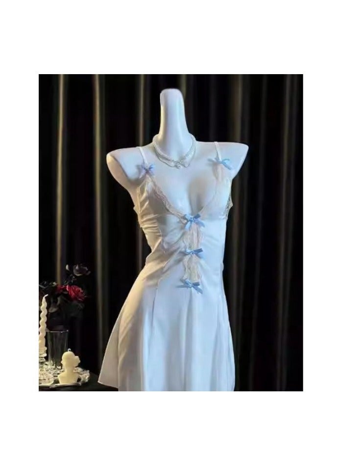 New French Court Style Ice Silk Suspender Pajamas With Lace Bow Nightgown - Image 1