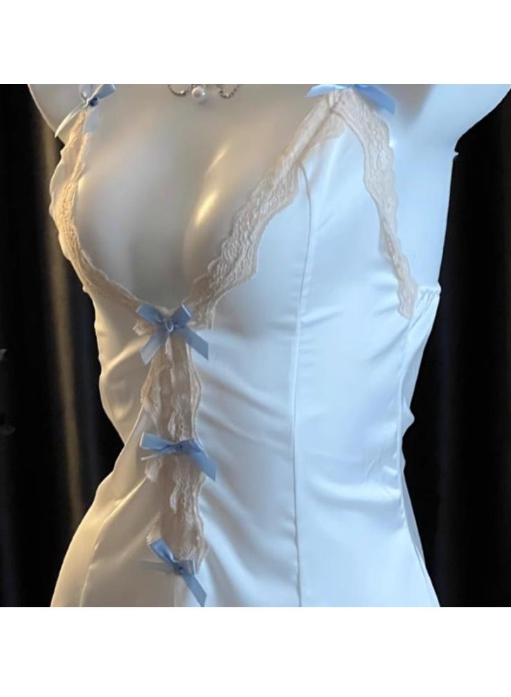 New French Court Style Ice Silk Suspender Pajamas With Lace Bow Nightgown - Image 3