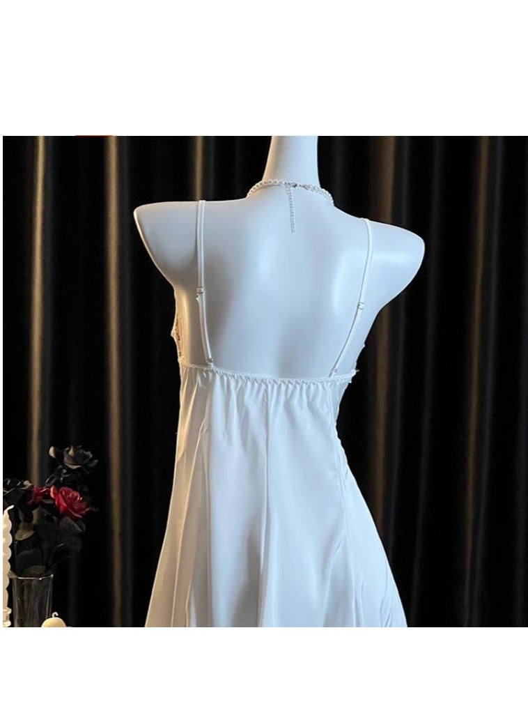 New French Court Style Ice Silk Suspender Pajamas With Lace Bow Nightgown - Image 4