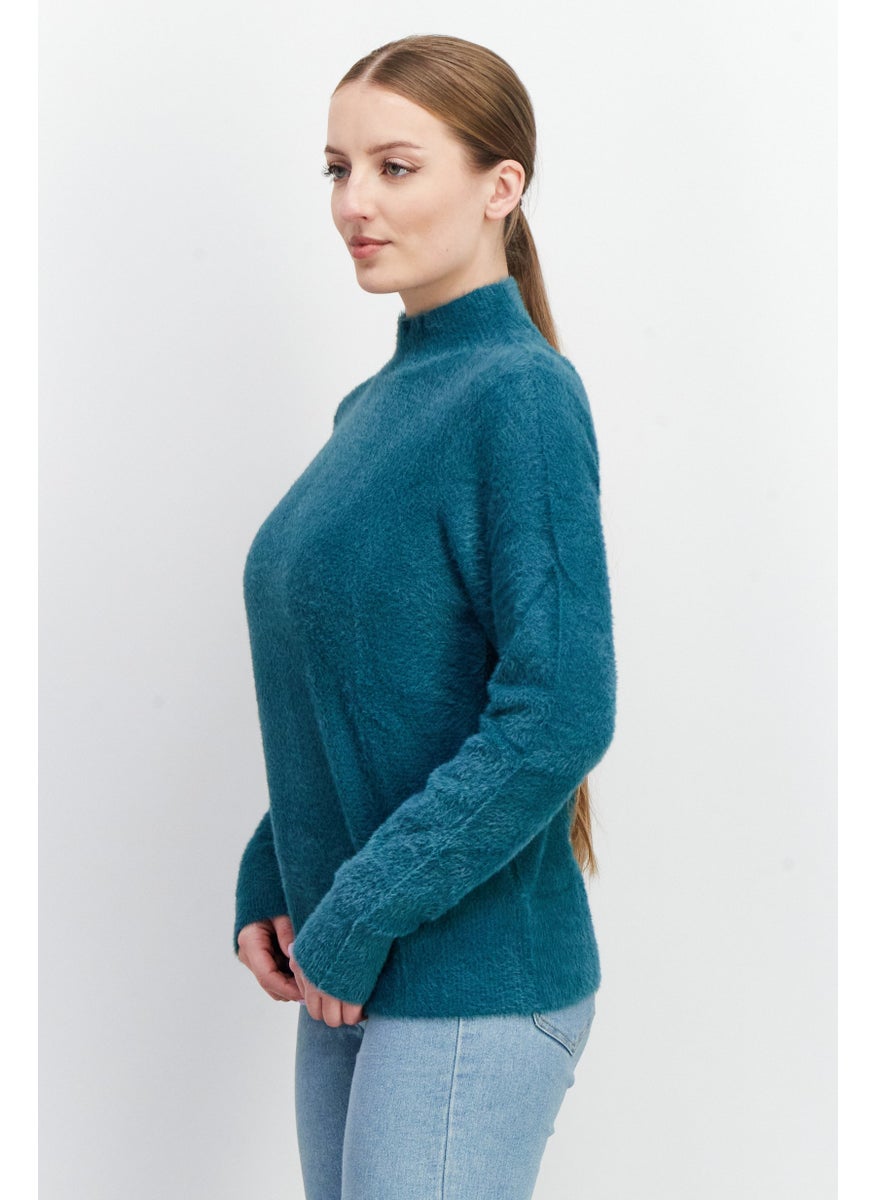 EDC Women Mock Neck Textured Sweater, Teal  - Image 2