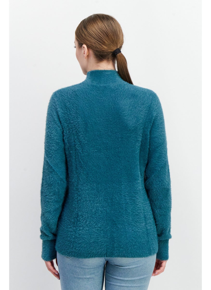 EDC Women Mock Neck Textured Sweater, Teal  - Image 1