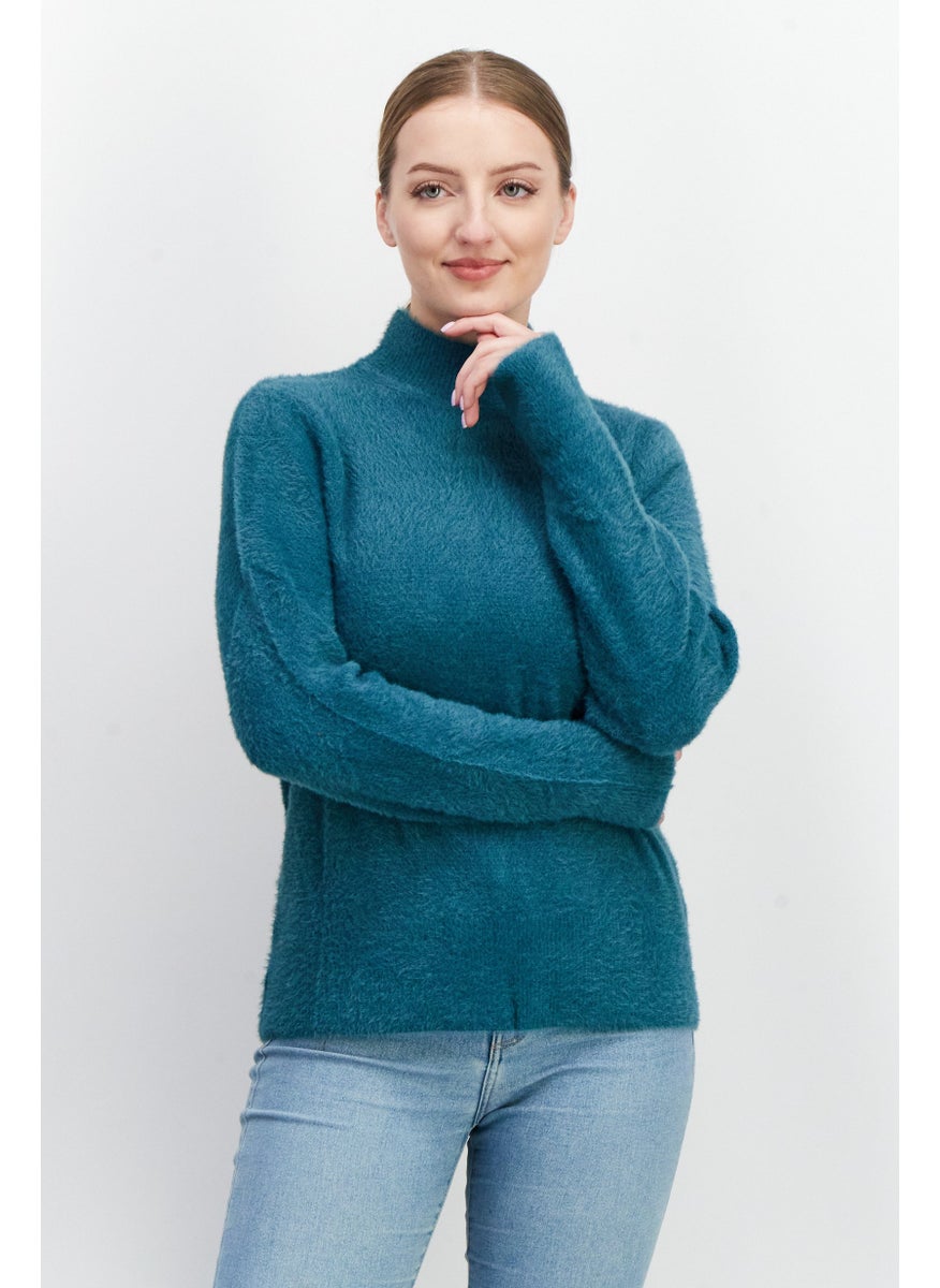 EDC Women Mock Neck Textured Sweater, Teal  - Image 4