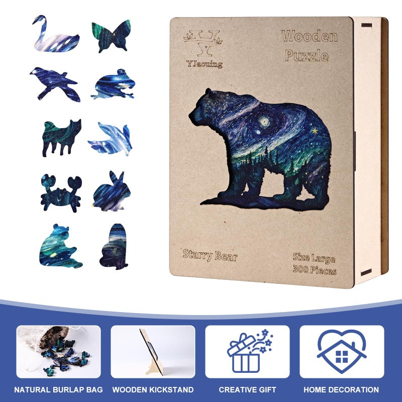 YJacuing YJacuing Wooden Jigsaw Puzzles for Adults  300 Piece Unique Animal Shaped Premium 5mm Wood Puzzles Family Game (Starry Bear  Large) - Image 5