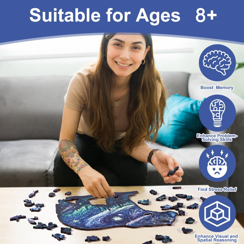 YJacuing YJacuing Wooden Jigsaw Puzzles for Adults  300 Piece Unique Animal Shaped Premium 5mm Wood Puzzles Family Game (Starry Bear  Large) - Image 3