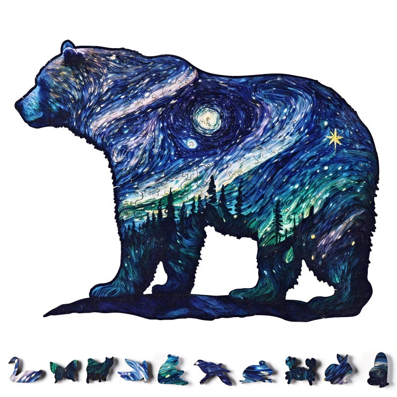 YJacuing YJacuing Wooden Jigsaw Puzzles for Adults  300 Piece Unique Animal Shaped Premium 5mm Wood Puzzles Family Game (Starry Bear  Large) - Image 1