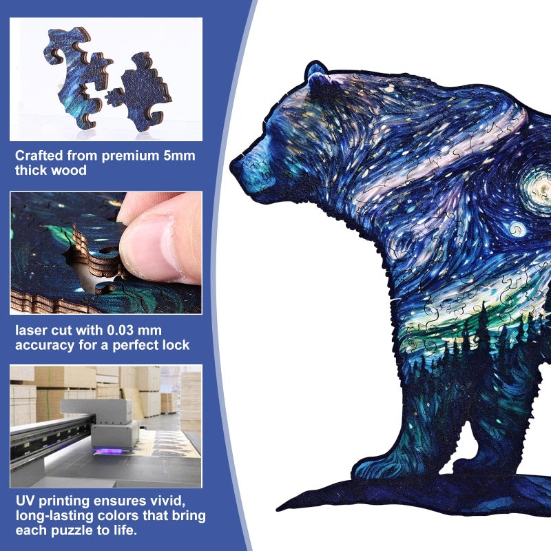 YJacuing YJacuing Wooden Jigsaw Puzzles for Adults  300 Piece Unique Animal Shaped Premium 5mm Wood Puzzles Family Game (Starry Bear  Large) - Image 4
