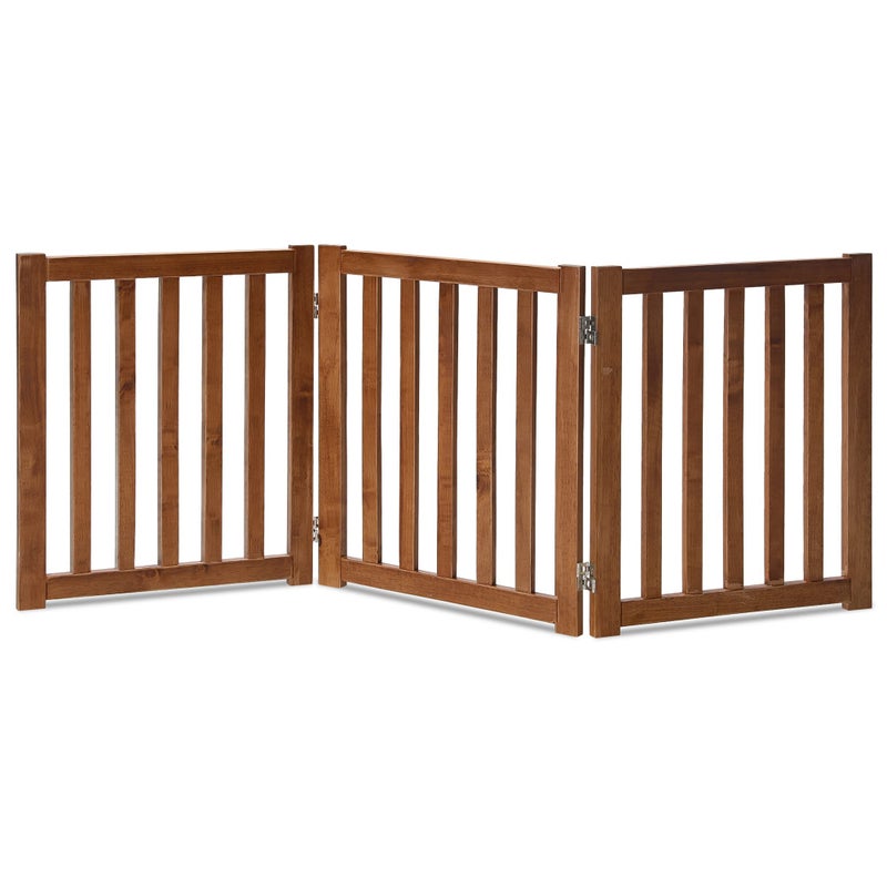 LZRS 3Panel Wooden Free Standing Foldable Dog Gate Indoor 24 HighStepOver Safety Pet Gate for Doorways Stairs Hallways Indoor Dog Barrier for Small to Medium Dogs Puppies Oak