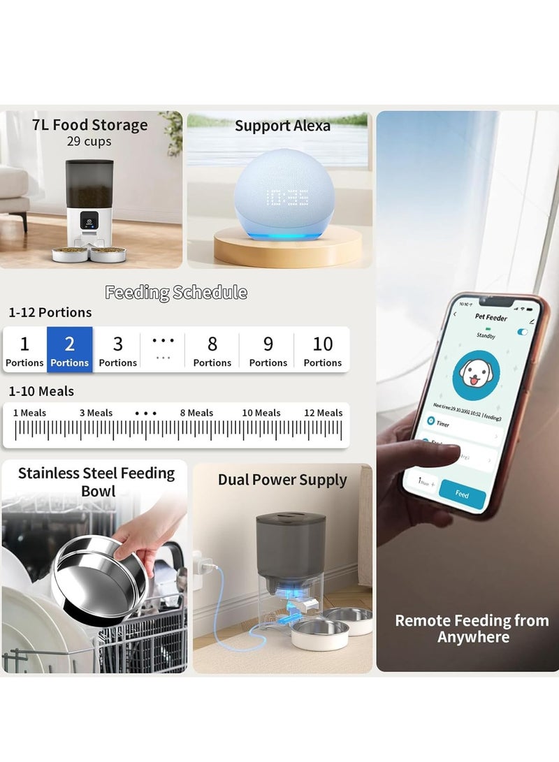 S-Color 7L Automatic Cat Feeders for 2 Cats - 2.4G WiFi Timed Auto Pet Feeder with APP Control, Cat Food Dispenser with Alexa for Multiple Cats, Detachable for Easy Clean, 1-10 Meals Per Day - White  - Image 4