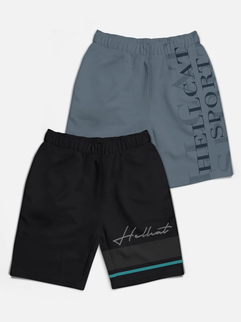 HELLCAT Pack of 2 Trendy Typographic Printed Mid Rise Shorts for Boys - Black/Dark Grey / 3-4 Years - Image 2