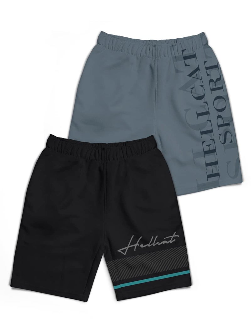 HELLCAT Pack of 2 Trendy Typographic Printed Mid Rise Shorts for Boys - Black/Dark Grey / 3-4 Years - Image 1