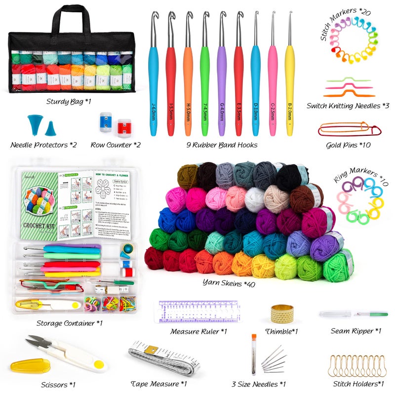 INSCRAFT 113 Piece Crochet Kit with Yarn Setâ€“ 1600 Yards Assorted Yarn for Knitting and Crochet, 73PCS Crochet Accessories Set Including Ergonomic Hooks, Knitting Needles & More Ideal Beginner Kit - Image 2