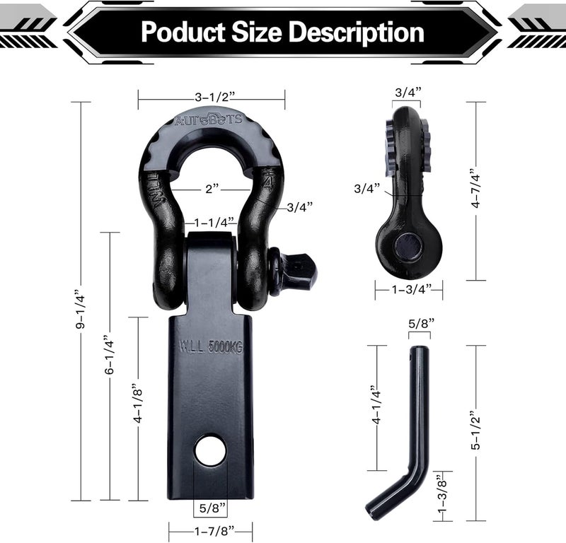 AUTOBOTS Shackle Hitch Receiver 2", 45,000 Lbs Break Strength Heavy Duty Receiver with 5/8" Screw Pin, 3/4" D Ring Shackles, Towing Accessories for Vehicle Recovery Off-Road, Black&Black - Image 3