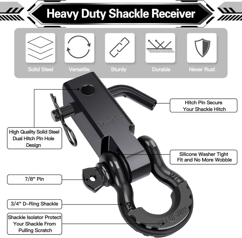 AUTOBOTS Shackle Hitch Receiver 2", 45,000 Lbs Break Strength Heavy Duty Receiver with 5/8" Screw Pin, 3/4" D Ring Shackles, Towing Accessories for Vehicle Recovery Off-Road, Black&Black - Image 2