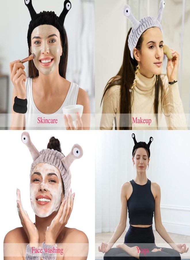 Atoden Snail Spa Headband and Wristband Set Skincare Makeup Headband for Washing Face Cute Animal Spa Head Band for Women Girls Black Khaki Grey - Image 2